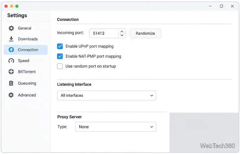 Configuración de conexión del cliente Torrent que muestra un puerto de escucha entrante estable y opciones UPnP.