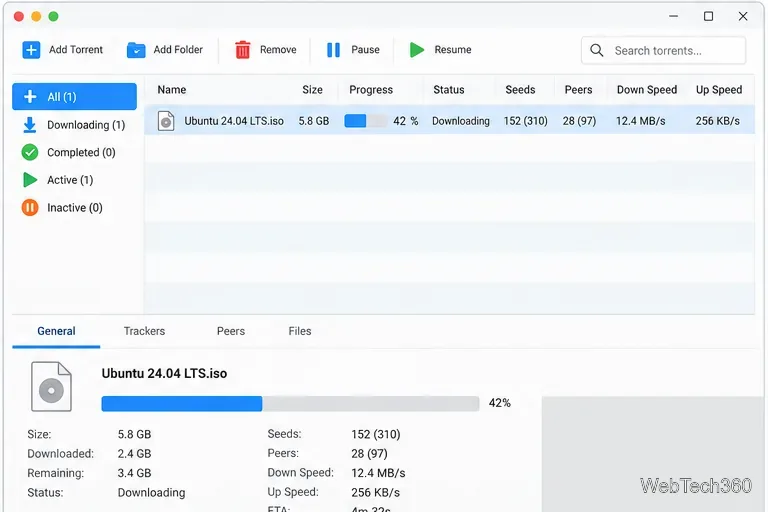 Lista de clientes de torrent que muestra una descarga activa de una distribución de Linux y el número de semillas y pares.