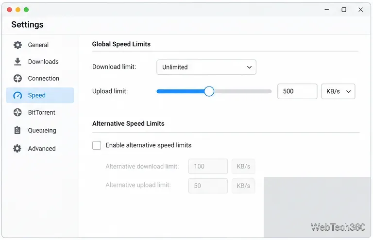 Configuración de velocidad global del cliente Torrent con límite de descarga ilimitado y límite de subida habilitado.