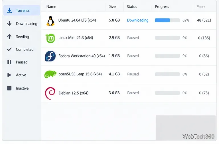 Cliente de torrents con una distribución de Linux descargando activamente y otros torrents en pausa.