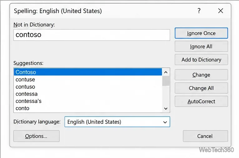 Boîte de dialogue Excel Orthographe avec la liste des langues du dictionnaire définie sur Anglais (États-Unis).