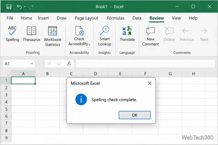 Message Excel confirmant que la vérification orthographique est terminée.