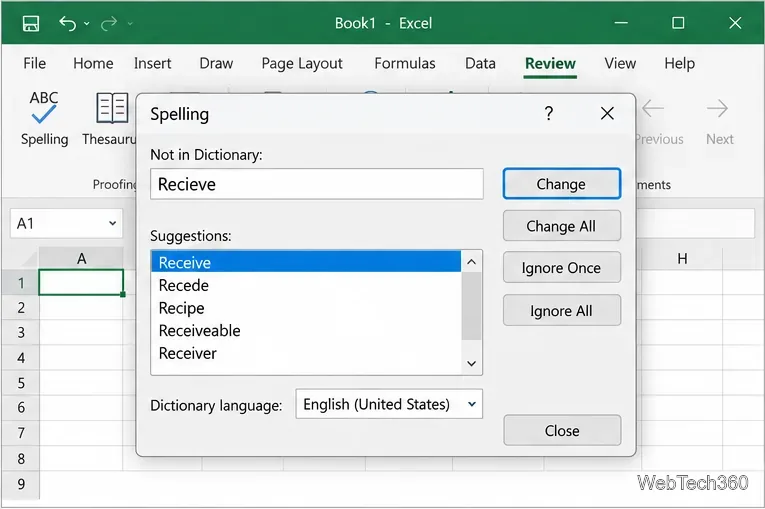 La boîte de dialogue Orthographe d'Excel signale le mot « Recevoir » et le propose comme suggestion.