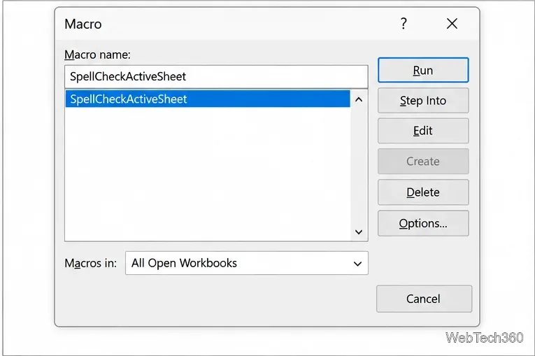 Boîte de dialogue Macro Excel avec SpellCheckActiveSheet sélectionné et le bouton Exécuter visible.