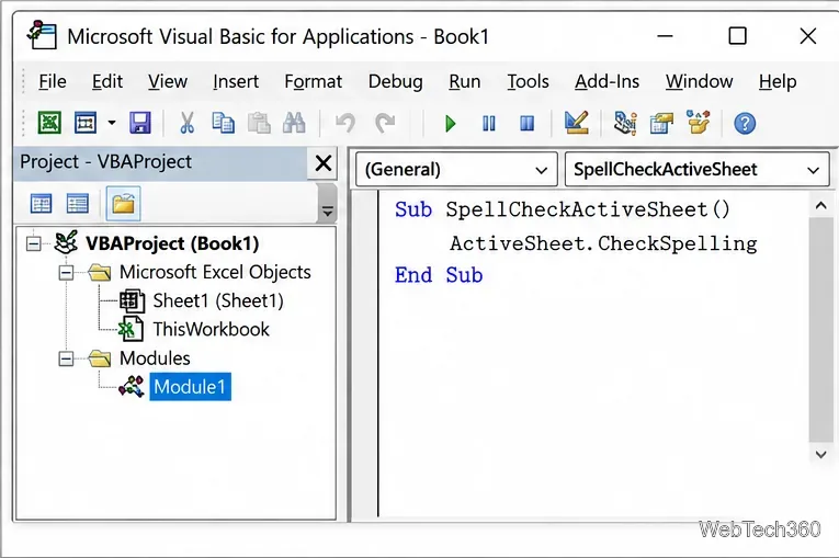 Éditeur Visual Basic affichant une macro qui appelle ActiveSheet.CheckSpelling.
