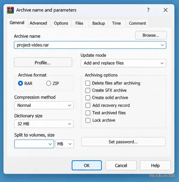 Fenêtre WinRAR affichant le nom et les paramètres de l'archive au format RAR