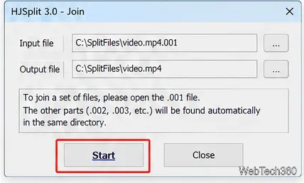Fenêtre de jointure HJSplit avec un fichier d'entrée de 0,001 octet, un chemin de fichier de sortie et le bouton « Démarrer » mis en surbrillance.