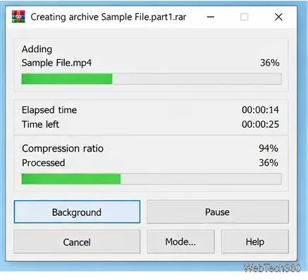 WinRAR crée une archive multipartie avec un indicateur de progression et un pourcentage de traitement.