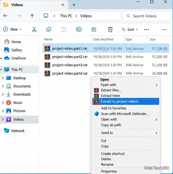 L'explorateur de fichiers affiche les fichiers de volume WinRAR numérotés et un menu Extraire vers un dossier.