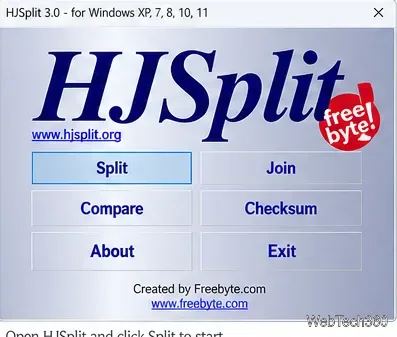 Fenêtre principale de HJSplit contenant les boutons Split Join Compare et Checksum