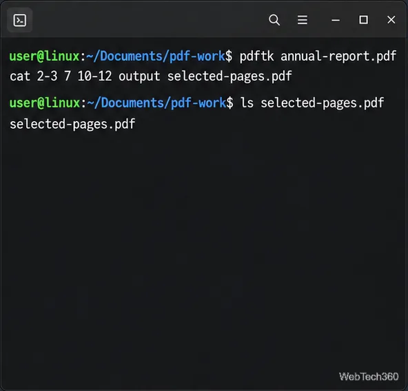 Linux terminal command combining pages 2–3, page 7, and pages 10–12 into selected-pages.pdf