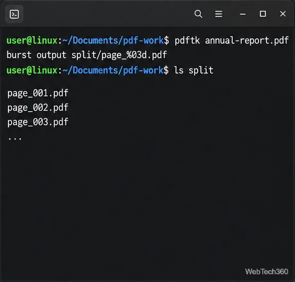 Linux terminal showing PDFtk burst with a numbered output pattern and separate page PDF filenames
