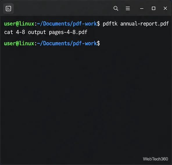 Linux terminal command extracting pages 4 through 8 from annual-report.pdf into a new PDF