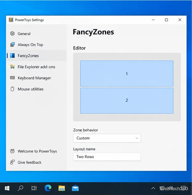 معاينة محرر PowerToys FancyZones تُظهر منطقتين أفقيتين متساويتين، إحداهما فوق الأخرى.