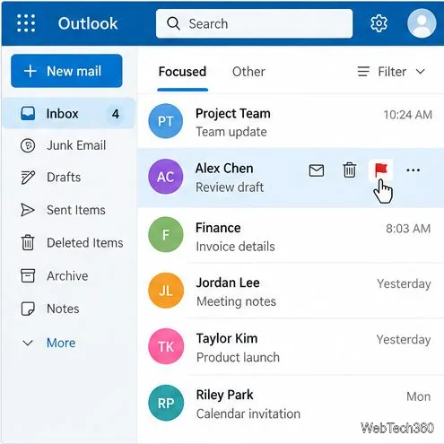 Ligne de la boîte de réception Outlook.com survolée avec l'option de suivi visible