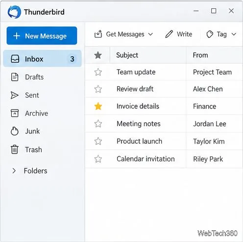 Liste des messages Thunderbird avec une colonne d'étoiles et un message déjà marqué d'une étoile.