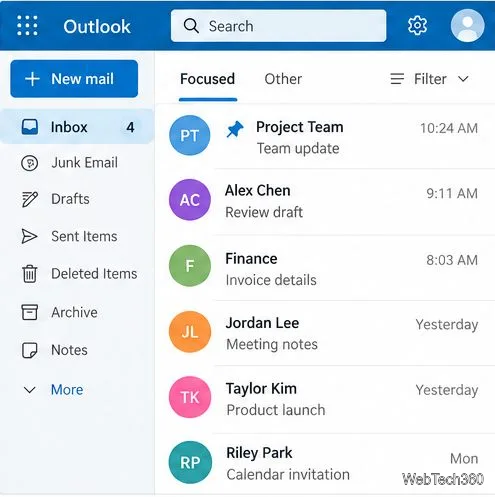 Boîte de réception Outlook.com triée par date avec un message épinglé en haut