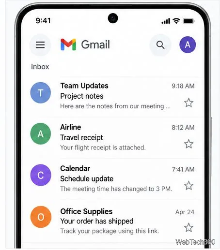Boîte de réception mobile Gmail avec icônes en forme d'étoile alignées à droite des objets des e-mails