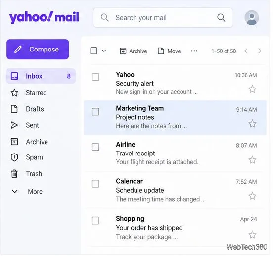 Boîte de réception Yahoo Mail avec une étoile soulignée à côté d'un message mis en évidence