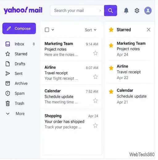 Boîte de réception Yahoo Mail avec un panneau « Messages favoris » ouvert à côté de la liste des messages