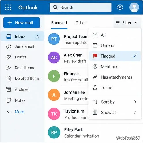 Menu Filtre d'Outlook.com avec l'option Signalée sélectionnée