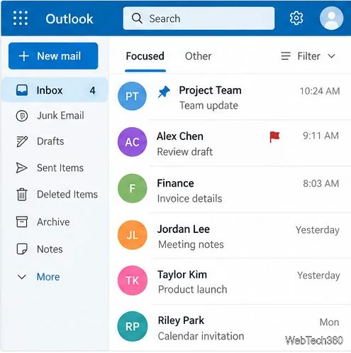 Liste de messages Outlook.com affichant une épingle bleue sur un message et un drapeau de suivi rouge sur un autre.