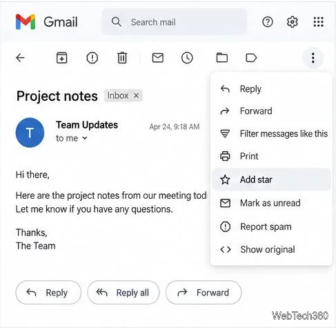 Un message Gmail ouvert avec le menu « Plus » affichant « Ajouter une étoile ».