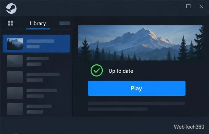 Steam Library page showing a game marked Up to date with the Play button available