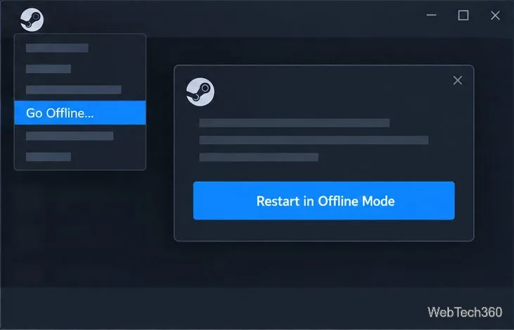 Steam menu with Go Offline highlighted and a Restart in Offline Mode confirmation button