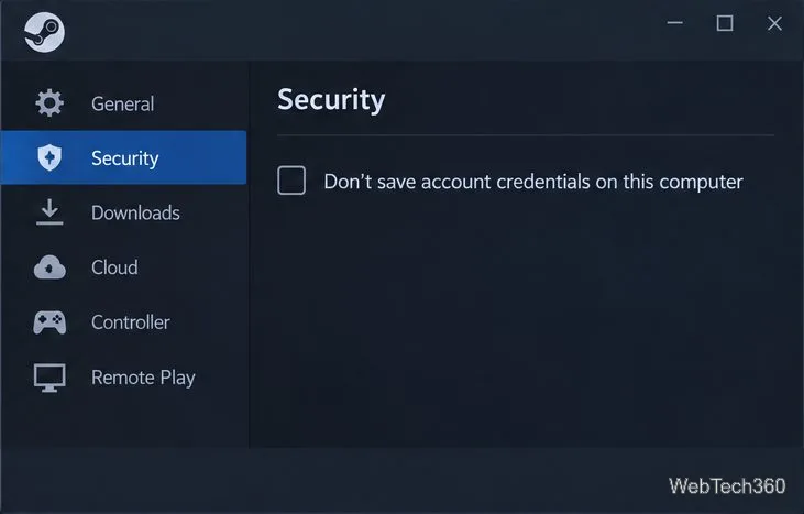 Steam Security settings with Don’t save account credentials on this computer unchecked