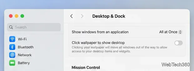 Dans la barre latérale des paramètres système, l'option Bureau et Dock est sélectionnée, et la section Mission Control est visible en dessous.