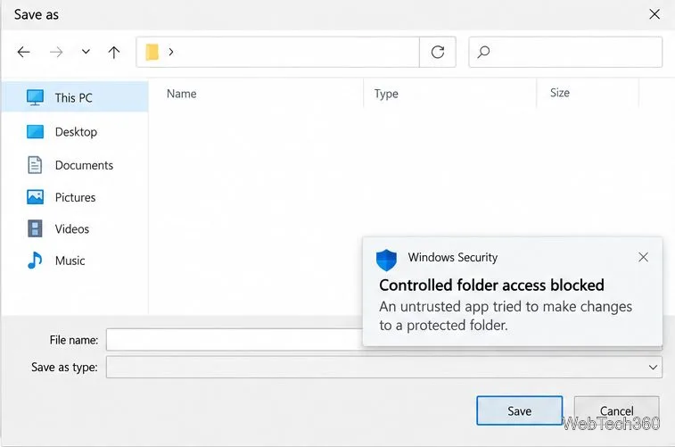 Диалоговое окно сохранения с уведомлением системы безопасности Windows о том, что доступ к папке через «Контролируемый доступ» заблокировал приложение.