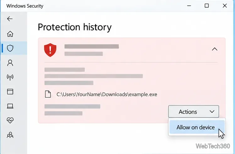 Une carte de détection Defender étendue avec le menu Actions ouvert sur Autoriser sur l'appareil.