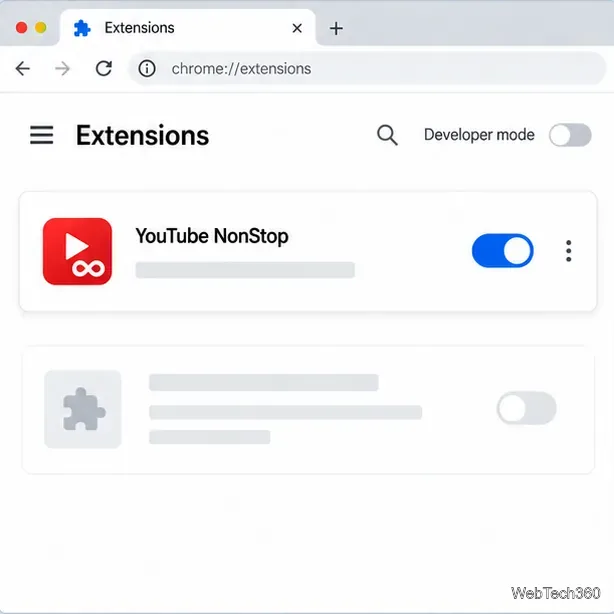 Pagina de gestionare a extensiilor Chrome afișează YouTube NonStop activat cu comutatorul său activat.