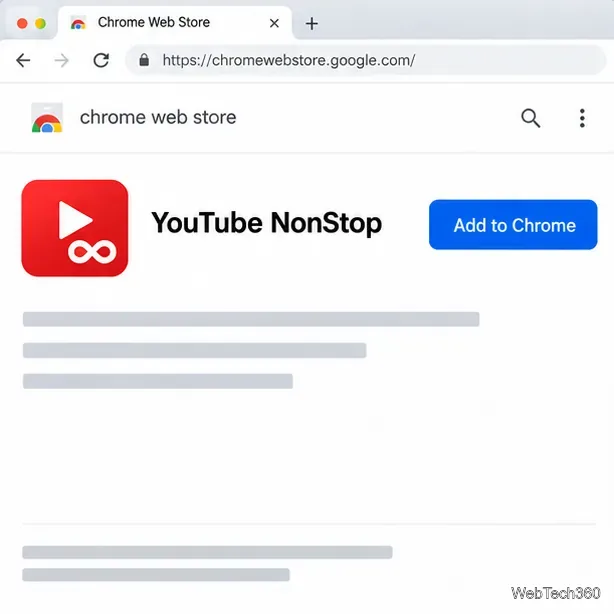 Înregistrare în Magazinul web Chrome pentru YouTube NonStop cu butonul Adăugați la Chrome vizibil.