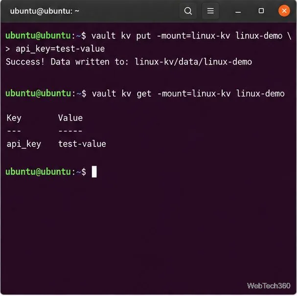 Terminal do Ubuntu usando a sintaxe -mount=linux-kv para escrever e recuperar um segredo KV v2 de exemplo.