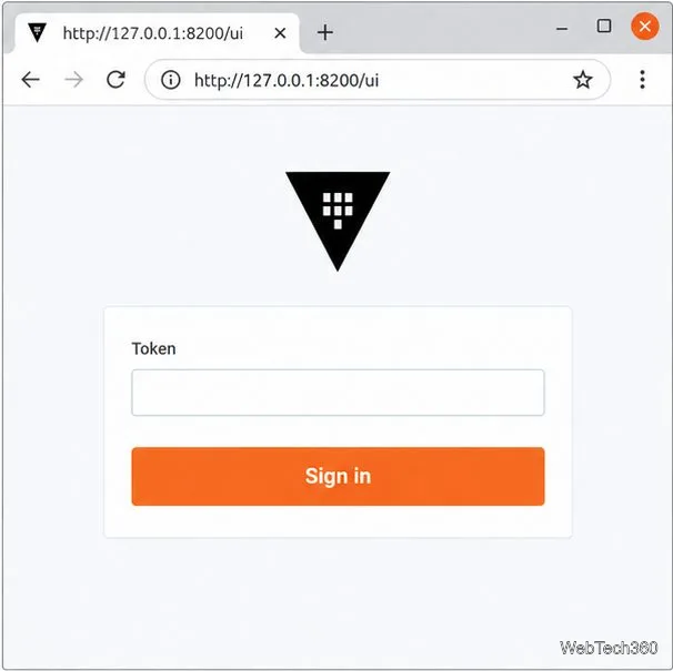 Página de login local do Vault em 127.0.0.1:8200/ui com um campo de token e botão Entrar.