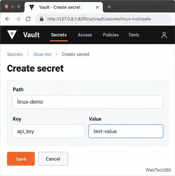 Crie um formulário secreto no Vault em linux-kv/ para o caminho linux-demo, chave api_key e valor de exemplo test-value.