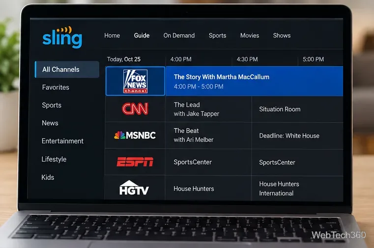 Sling TVのチャンネルガイドが表示されたノートパソコン。他のテレビチャンネルの中にFox Newsの番組表が表示されている。