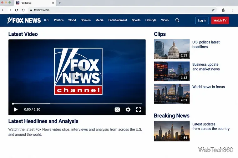 Fox Newsの動画エリアと注目のプレーヤー、そして複数のニュースクリップを表示するブラウザページ。