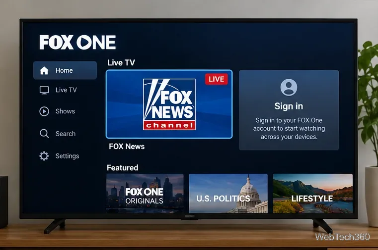 FOX OneのライブTV画面が表示され、Fox Newsが選択され、アカウントのサインインエリアが表示されている。