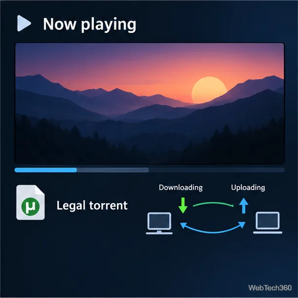 合法的なトレントのバッファリングと、ピアツーピアのダウンロードおよびアップロードを示す矢印を備えた、例示的なプレーヤー