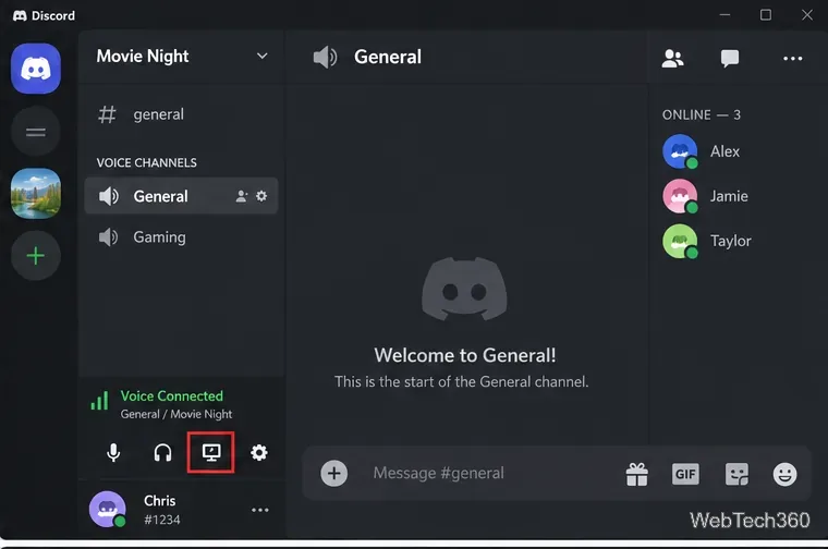 Canal vocal Discord avec l'icône de partage d'écran mise en évidence à côté des commandes de connexion vocale