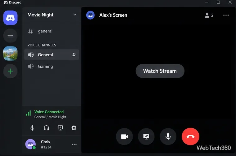 Visionneuse de flux Discord avec une commande « Regarder le flux » et un aperçu vidéo sombre