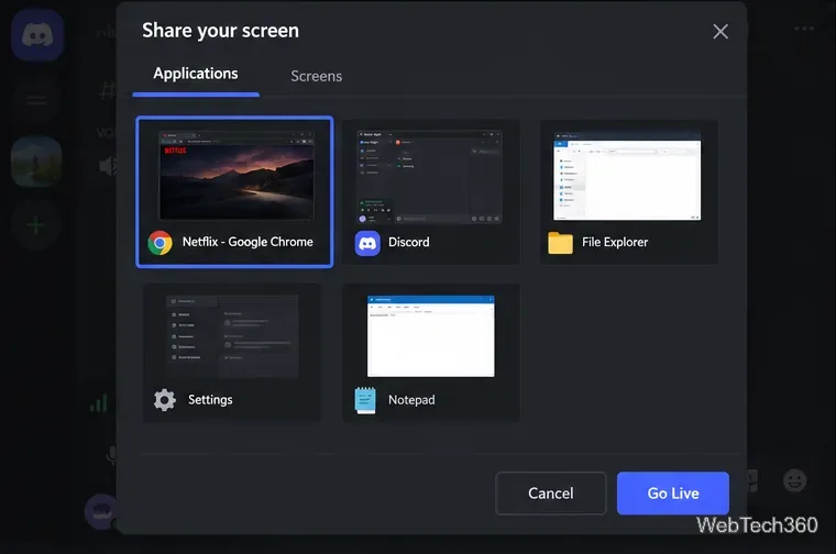 Boîte de dialogue Discord « Partagez votre écran » affichant une fenêtre d'application sélectionnée et le bouton « Passer en direct ».