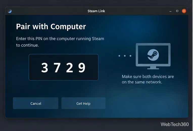 Pantalla de emparejamiento de Steam Link que muestra un PIN de cuatro dígitos para el ordenador anfitrión.