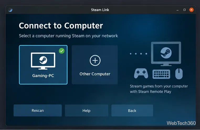 Pantalla de Steam Link Connect to Computer que muestra un PC de juegos detectado