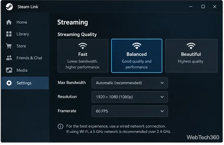 Configuración de transmisión de Steam Link en Linux con controles de calidad, ancho de banda, resolución y velocidad de fotogramas.