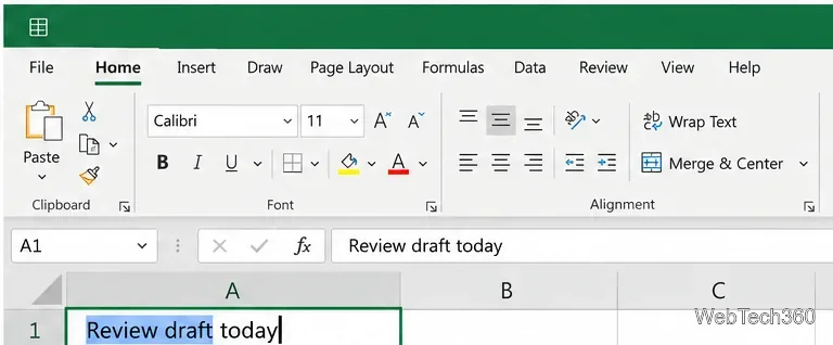 Excelのセル内では「下書きをレビューする」という単語のみが強調表示され、「今日」という単語は選択されないままです。