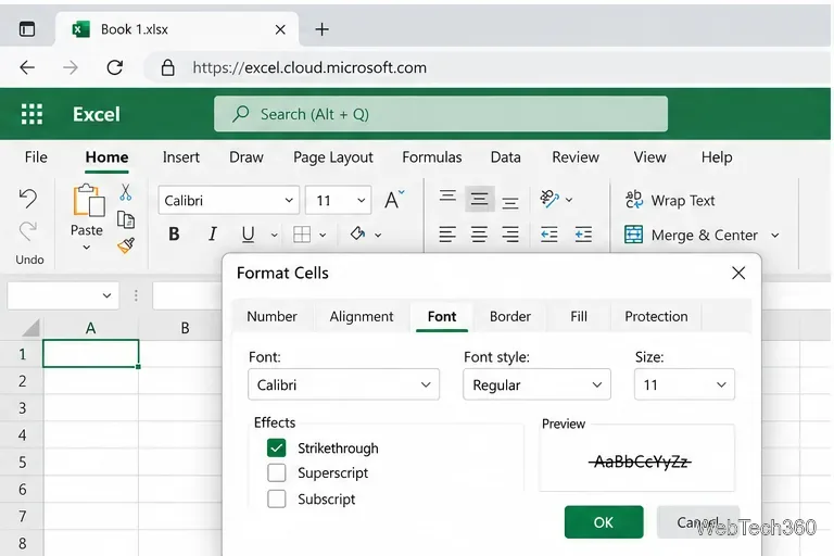 セルの書式設定ダイアログを開き、取り消し線を選択した状態のExcel(Web版)